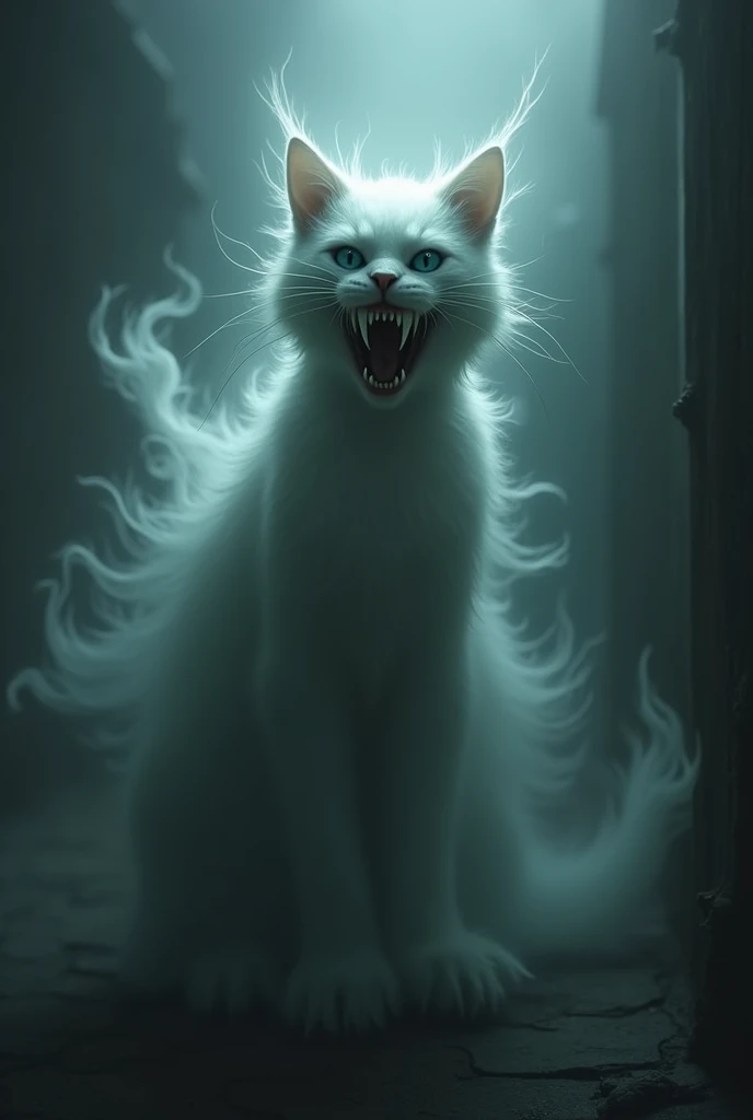 Scary ghost monster with cat silhouette and bizarre teeth