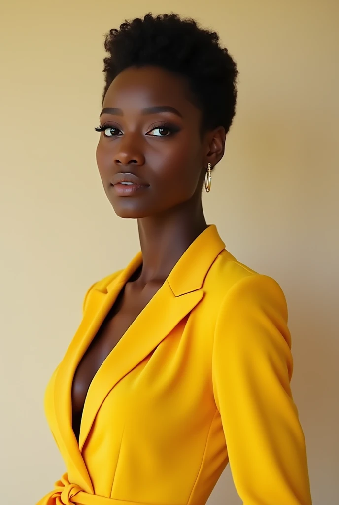 Black adult woman with short curly hair and yellow dress