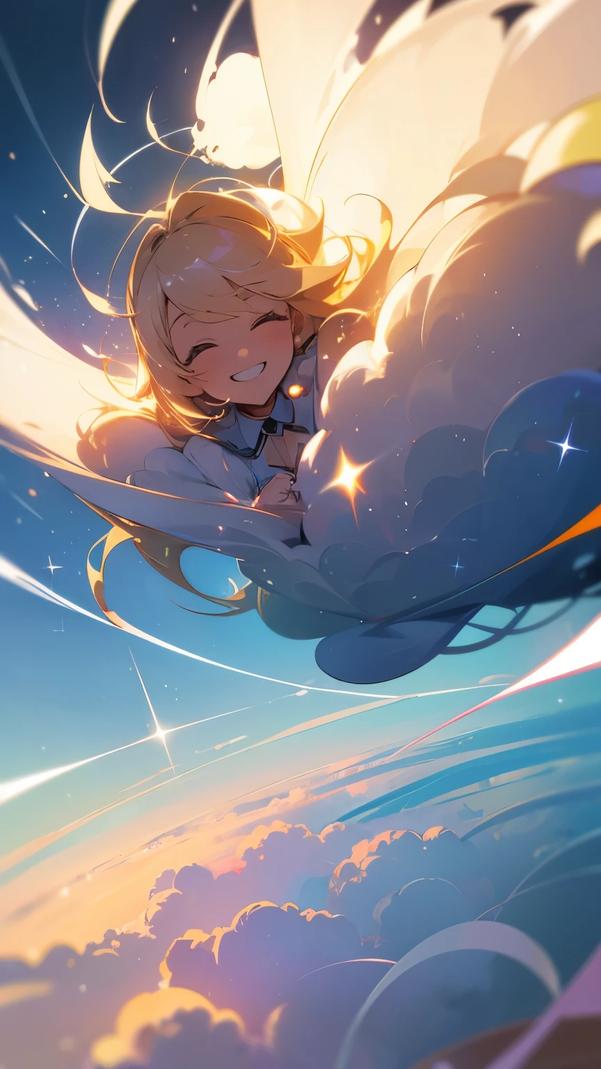 masterpiece, Highest quality, Movie stills, One person, Floating in the sky, cloud girl, cloud, (close:1.1), bright, Conceit, Grin, Happy, fun, Soft lighting, Volumetric lighting, Bauhaus, shape, OK, Sparkling, Sparkling, Swirl, Abstract, Expressive
