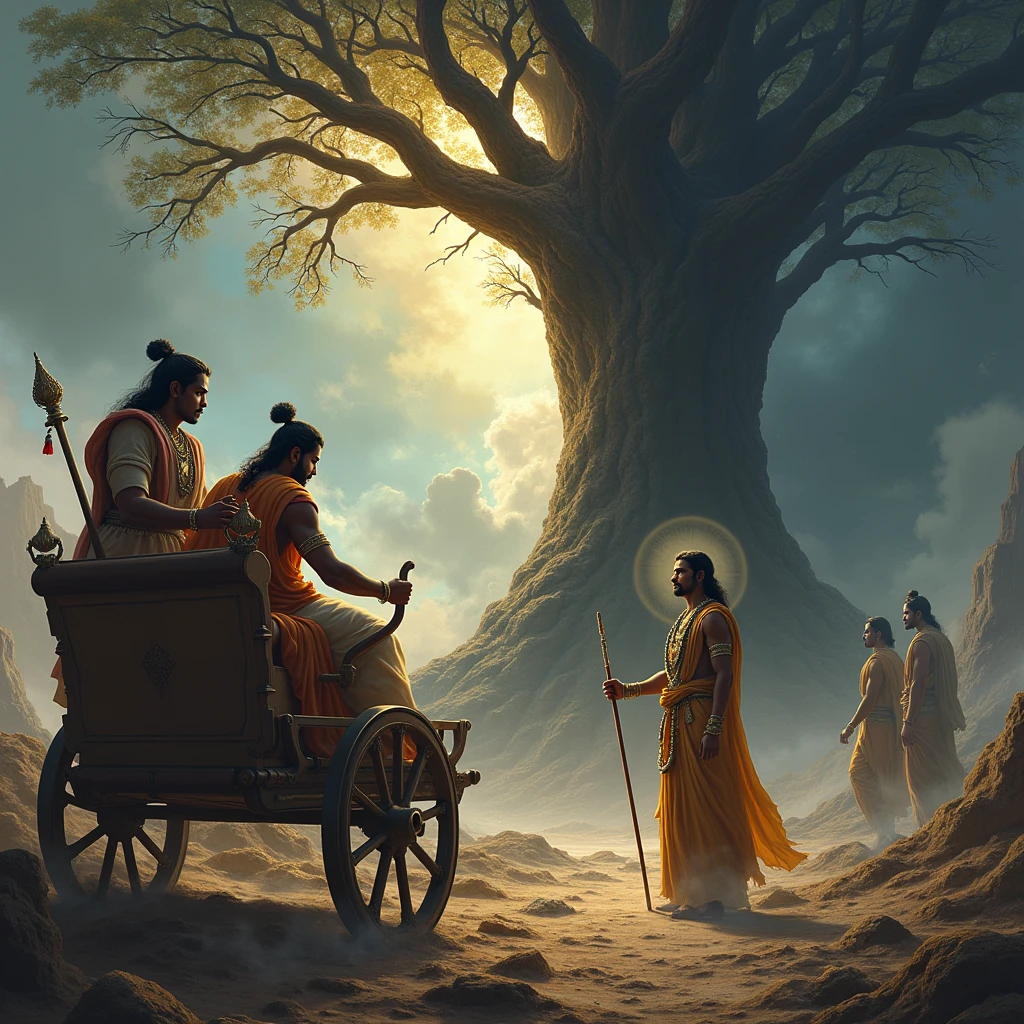 Depict Arjuna in his chariot, his face etched with deep concern and sorrow as he contemplates the devastation of family traditions. Arjuna, dressed in warrior attire, holds his bow loosely, symbolizing his internal conflict. Behind him, a large, ancient family tree begins to crumble and disintegrate, its roots turning black to signify the loss of eternal values. Dark, shadowy figures emerge from the darkness surrounding the tree, representing the creeping influence of unrighteousness. In contrast, depict Krishna standing beside Arjuna, separate and distinct, his expression calm yet serious. Krishna, in divine form with a radiant halo, extends a reassuring hand toward Arjuna, symbolizing guidance and divine wisdom. Above, the sky is dramatically split—one side bright with rays of light, representing dharma, and the other darkened by the shadows of adharma. The landscape around them shows a mix of desolate ruins and fading symbols of family values, heightening the sense of impending moral decay that Arjuna fears.
