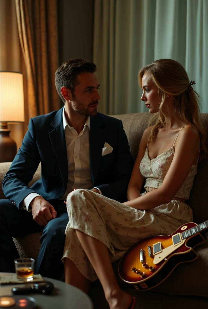 A beautiful woman sitting on the sofa , and on the sofa there is also a Gibson Les Paul guitar, the image is 60s style, she is listening to a blues record. The name blues must appear clearly on the cover., next to her there is a radio that is playing blues, she has a sad look, and blonde with blue eyes. On the couch there is a bearded man well dressed in a suit, they are looking at each other with loving gaze.