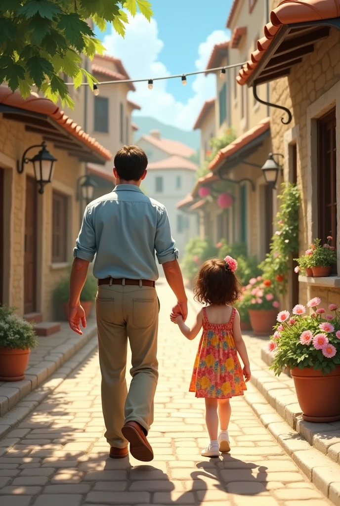 Back view of a father and his daughter walking hand in hand through town