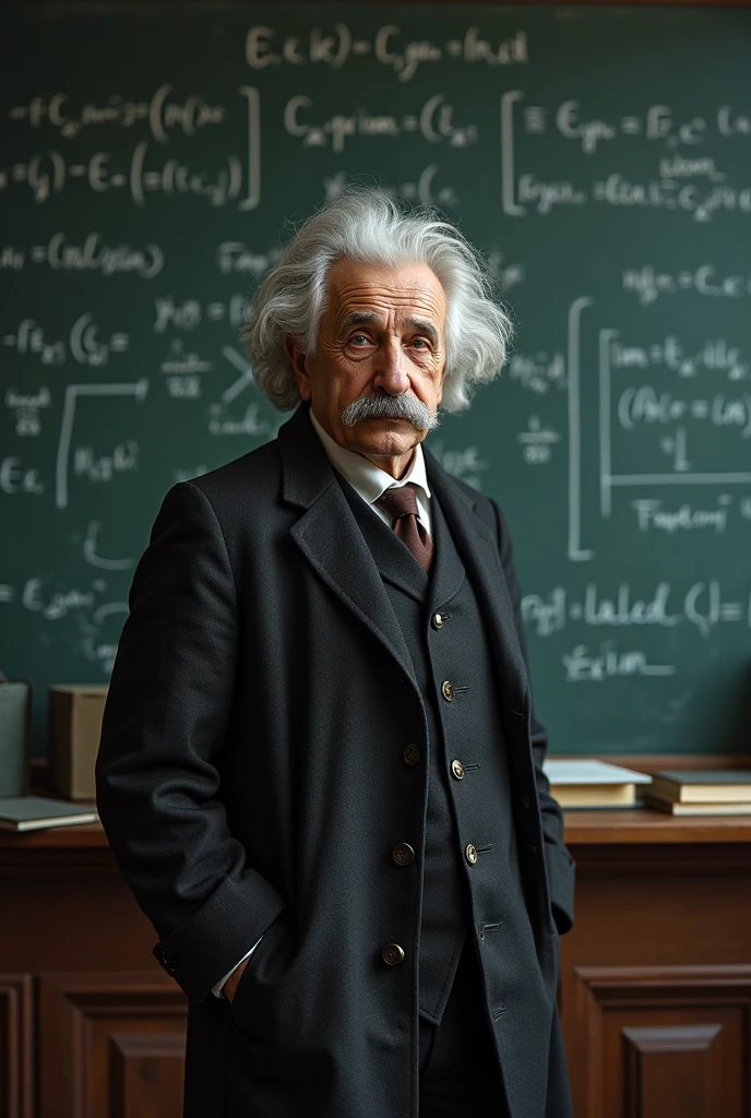 Picture of Albert Einstein standing looking at the camera in front of a blackboard with scientific formulas on the blackboard.
