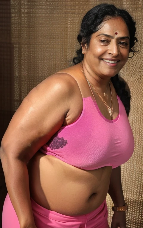 Single pic of sexy deepa , perfect breasts, sweat on body, chubby cheeks, seductive face ,wearing sports bra and tight shorts, cleavage show, side view,Cute smile, cute young face, (cinematic:1.3), intricate details, (ArtStation:1.2), 40 years old women, , halter neck, hot pink halter top, close up half body shot, mid - 3 0 s, mid-30s, upper body close up