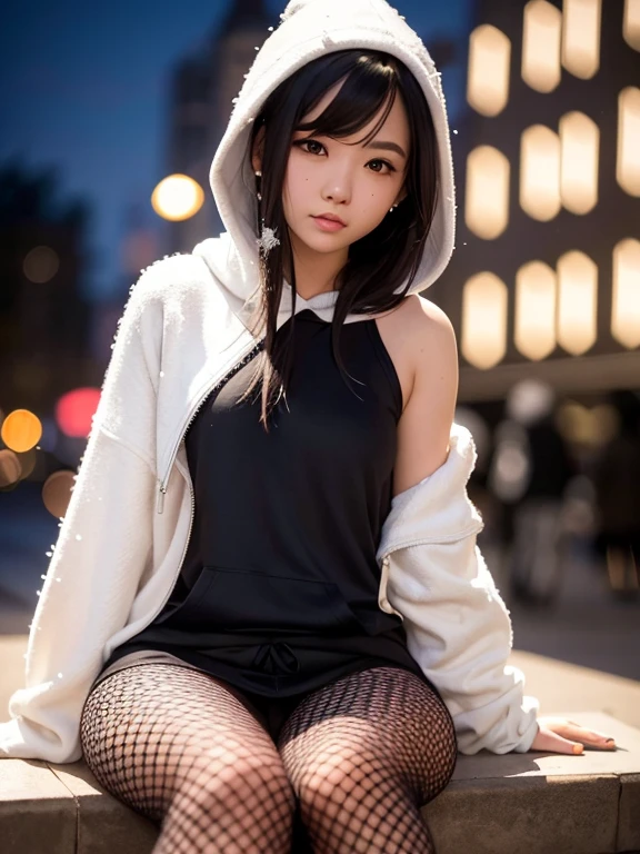 sitting on a bench at night, There is snow on the ground, shy, Mole on chin, Wearing a loose, oversized hoodie, Off the shoulder, Fishnet leggings, Sexy thighs, Side pose, Small mole on chin, blush, Neon lights on the background, Detailed Background, it's raining, Long sleeve, Neck choker with necklace, Long Necklace, Evil look, Detailed digital anime art