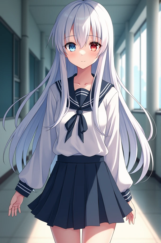 Anime girl with white hair and two-colored eyes, blue on the left and red on the right, wearing a Japanese school uniform