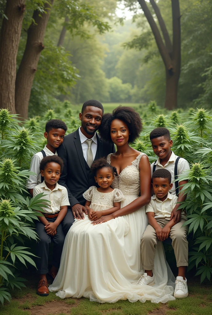 Photorealism : family picture, people with melanin not too dark, woman in wedding dress, man in suit and five kids all boys, sitting in a marijuana yard, all facing front