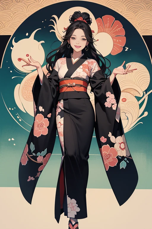 A beautiful woman smiles and shows her upper white teeth、Vividly colored Japanese Ukiyo-e style illustrations、(SeaArt creates stunning illustrations of beautiful women in kimono)、Brown-black long hair、Beautiful full body style、Let's dance a little Tokyo Ondo、Beautiful digital painting,、Bright vibrant digital anime art、 Detailed digital anime art、 Beautiful anime portraits、background、Torii gate of a shrine in Kyoto, Japan、Detailed CG、