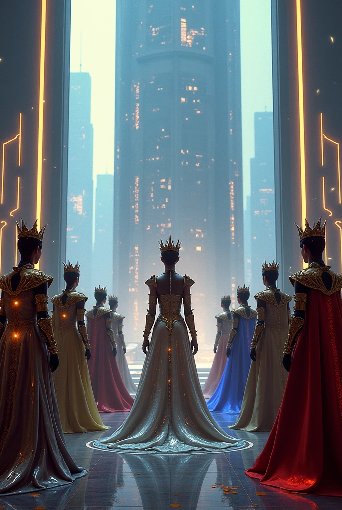 {Photorealistic Image | High-Resolution | Concept: Royalty in Futuristic Megacities | Outfit: Metallic gowns, ornate armor, LED crowns, holographic capes | Setting: Neon-lit throne room with advanced technology and holographic displays, towering skyscrapers visible through large windows | Themes: Power, Opulence, Futuristic culture | Lighting: Soft neon lights casting a royal aura, dramatic shadows emphasizing the grandeur | Camera: Wide-angle shot capturing both the regal figures and the vast throne room | Render: Ultra-detailed textures, high contrast | Inspired by: Cyberpunk aesthetics, futuristic fashion, science fiction epics}
