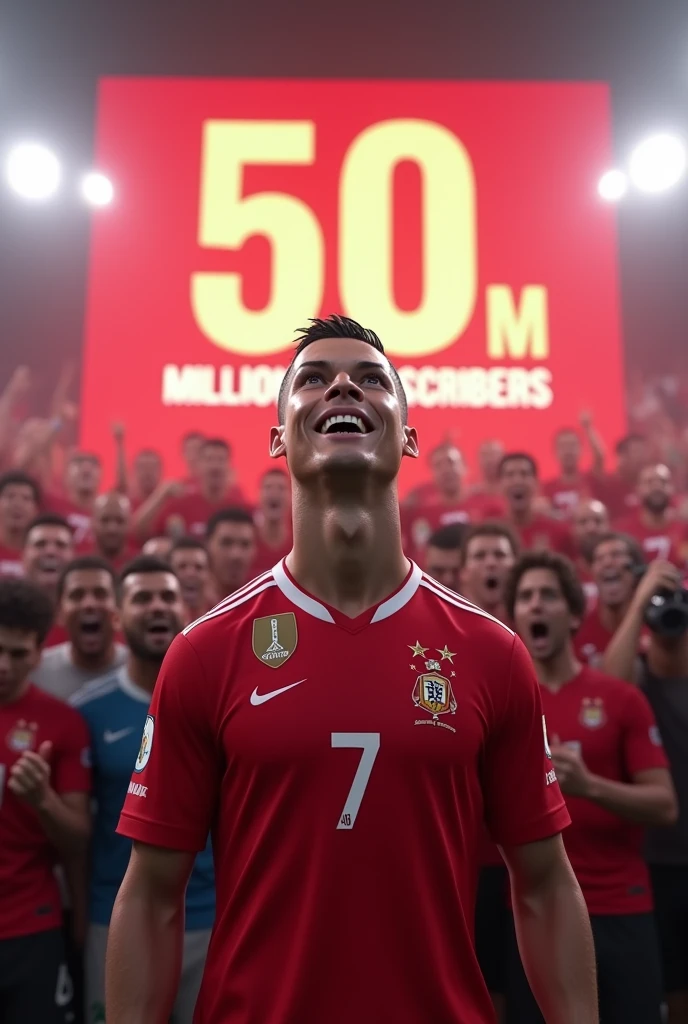 Ronaldo celebrate 50milion youtube subscribers..
There a banner show 50M subscribers done..
& So many people are crying in background.. messi also crying
Ronaldo back jersey number 7 and YouTube logo in jersey