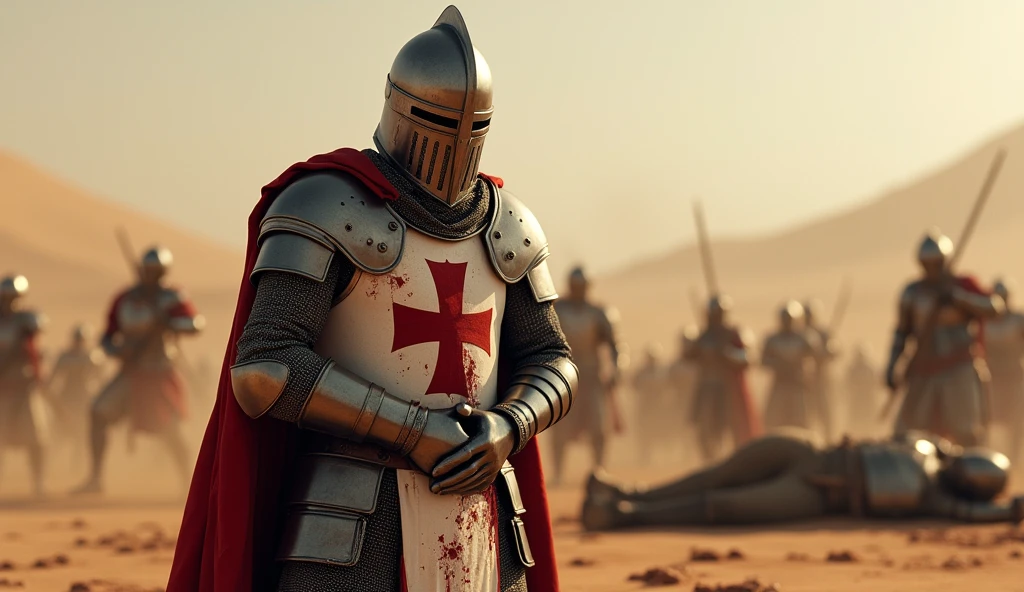 A highly realistic, high-contrast, 8K HD, detailed, hyper-detailed image of a fully armored Crusader knight bearing a red cross emblem on his chest, standing in the desert, clutching his abdomen in pain after being defeated in battle. His face is obscured by a helmet, ensuring that no facial features are visible. The red cross emblem is prominently displayed on his chest. Bloodstains are visible on the knight's armor, emphasizing the brutality of the battle. Surrounding him are the bodies of other fallen knights, also bloodied, and some knights are still engaged in combat in the background. The desert scene is intense, with the atmosphere filled with the chaos of battle. The image is of the highest quality, with ultra-high resolution, RAW photo quality, and Unreal Engine rendering, vividly depicting the suffering and despair of the Crusader as he stands amidst the brutal combat in the vast desert.