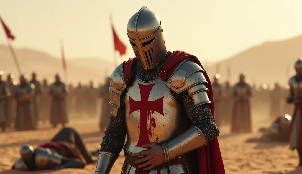 A highly realistic, high-contrast, 8K HD, detailed, hyper-detailed image of a fully armored Crusader knight bearing a red cross emblem on his chest, standing in the desert, clutching his abdomen in pain after being defeated in battle. His face is obscured by a helmet, ensuring that no facial features are visible. The red cross emblem is prominently displayed on his chest. Bloodstains are visible on the knight's armor, emphasizing the brutality of the battle. Surrounding him are the bodies of other fallen knights, also bloodied, and some knights are still engaged in combat in the background. The desert scene is intense, with the atmosphere filled with the chaos of battle. The image is of the highest quality, with ultra-high resolution, RAW photo quality, and Unreal Engine rendering, vividly depicting the suffering and despair of the Crusader as he stands amidst the brutal combat in the vast desert.