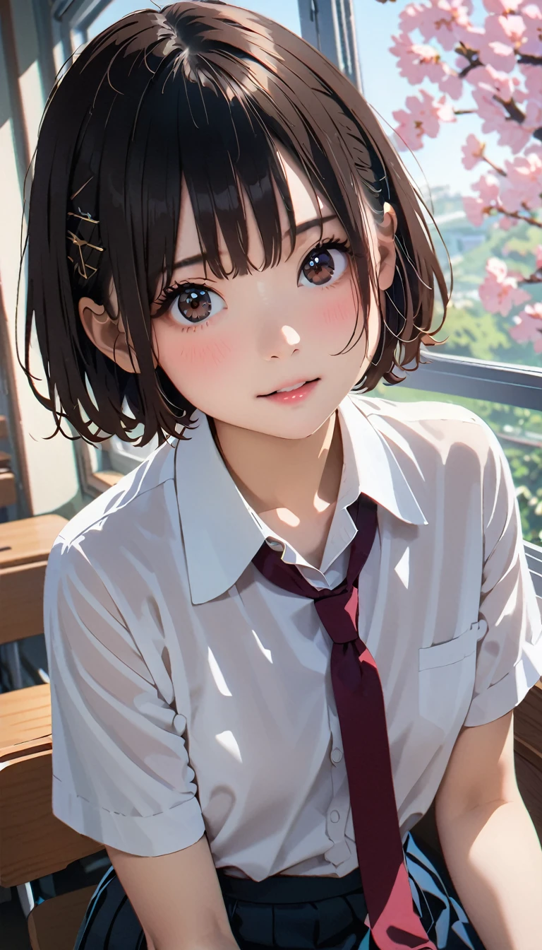 (masterpiece, Highest quality:1.2), 1 person, alone、(Tabletop, Highest quality:1.2), 8k, 1, 85mm, Official Art, RAW Photos, Absurd, topless, Cute Face, close, Upper Body, Viola Lace, Gardenia, beautiful girl, (Dark red tie:1.1)、(Navy Pleated Skirt:1.1), Cinch waist, Thighs, Short sleeve, classroom, ponytail、short hair、short hair、sit on bench seat, Looking at the audience, No makeup, (smile:0.4), Film Grain, chromatic aberration, Sharp focus, Face Light, Bright lighting, Teen, Detailed face, ((Background blur,日本の学校のclassroom、classroom、Cherry tree seen from the window))