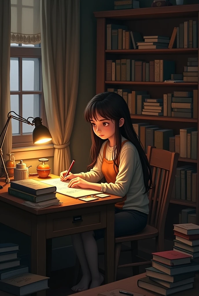 Lexi Studying: Picture Lexi in his small room, surrounded by books and scraps of paper. He’s sitting at a simple wooden desk, deeply focused on his studies, with a lamp casting a warm glow over his work.