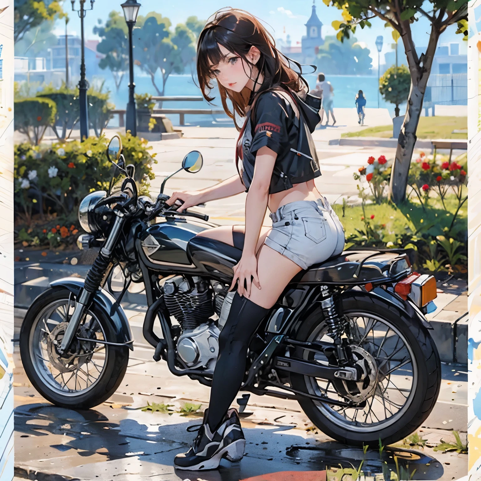 (masterpiece, Highest quality:1.2), A girl straddles a bike, alone, 