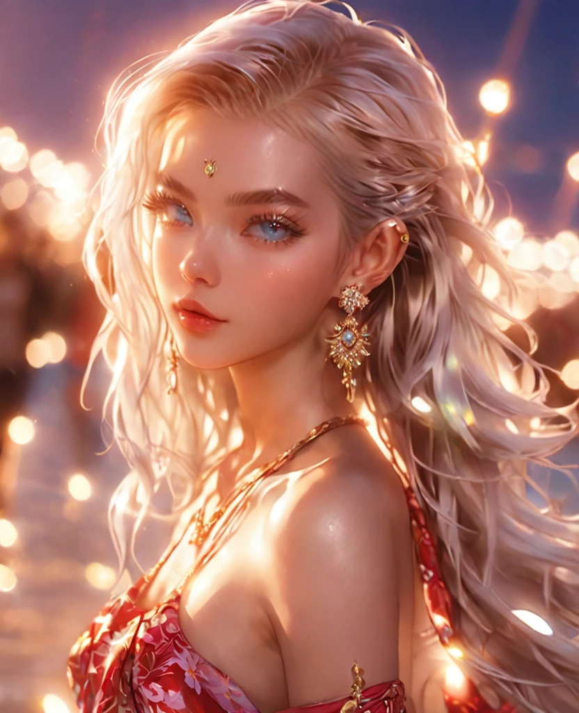 8K,an extremely delicate and beautiful,Beautiful and realistic skin,full body,Shiny jewel-like earrings,like glitter white hair,beautiful blue eyes,bikini,jeans,asian cute girl,jewels in hand
