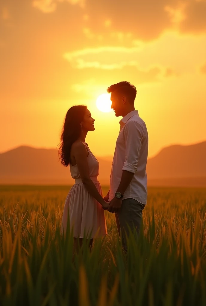 Filipina and Filipino-american
Couple enjoying their moment in an open rice field in a sunset the couple far from the camera just holding hands and the man taller and the girl is wearing skirt