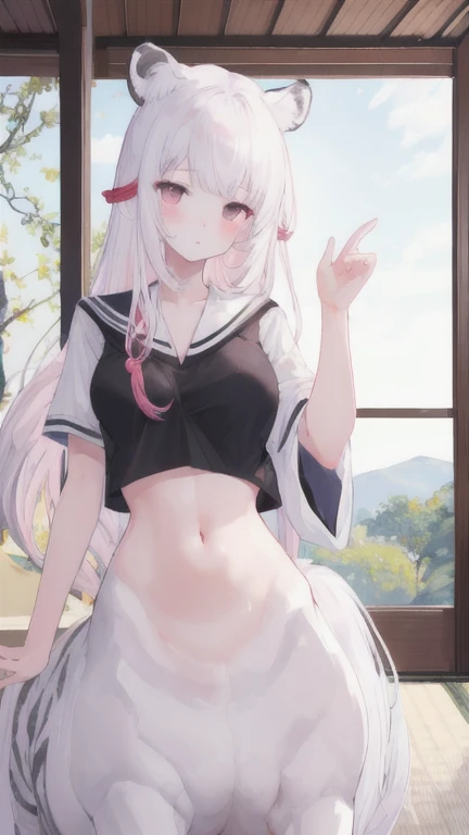 (best quality, masterpiece), 1 girl, centaur, I beg, White skin, Japanese schoolgirl,daughter,black pink, exposing the abdomen, belly button t-shirt , beautiful girl perfect, White tiger photo, 완벽한 White tiger photo