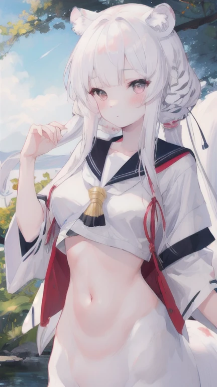 (best quality, masterpiece), 1 girl, centaur, I beg, White skin, Japanese schoolgirl,daughter,black pink, exposing the abdomen, belly button t-shirt , beautiful girl perfect, White tiger photo, 완벽한 White tiger photo