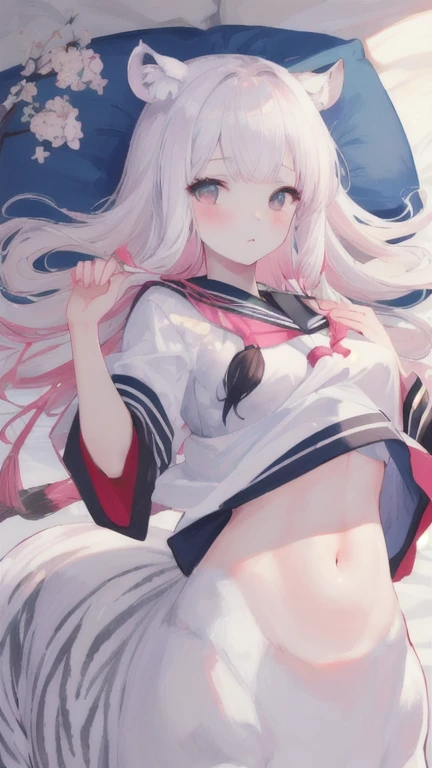 (best quality, masterpiece), 1 girl, centaur, I beg, White skin, Japanese girl,daught pink, exposing the abdomen, belly button t-shirt , beautiful girl perfect, White tiger photo, 완벽한 White tiger photo