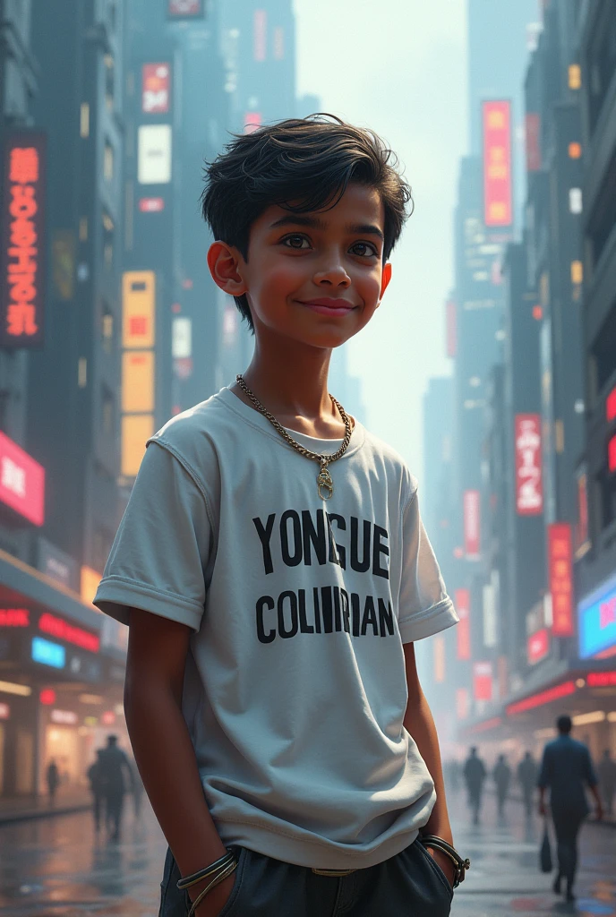 The real Indian 1boy standing background cyberpunk leon city ultra realistic and text on shirt white Ayush