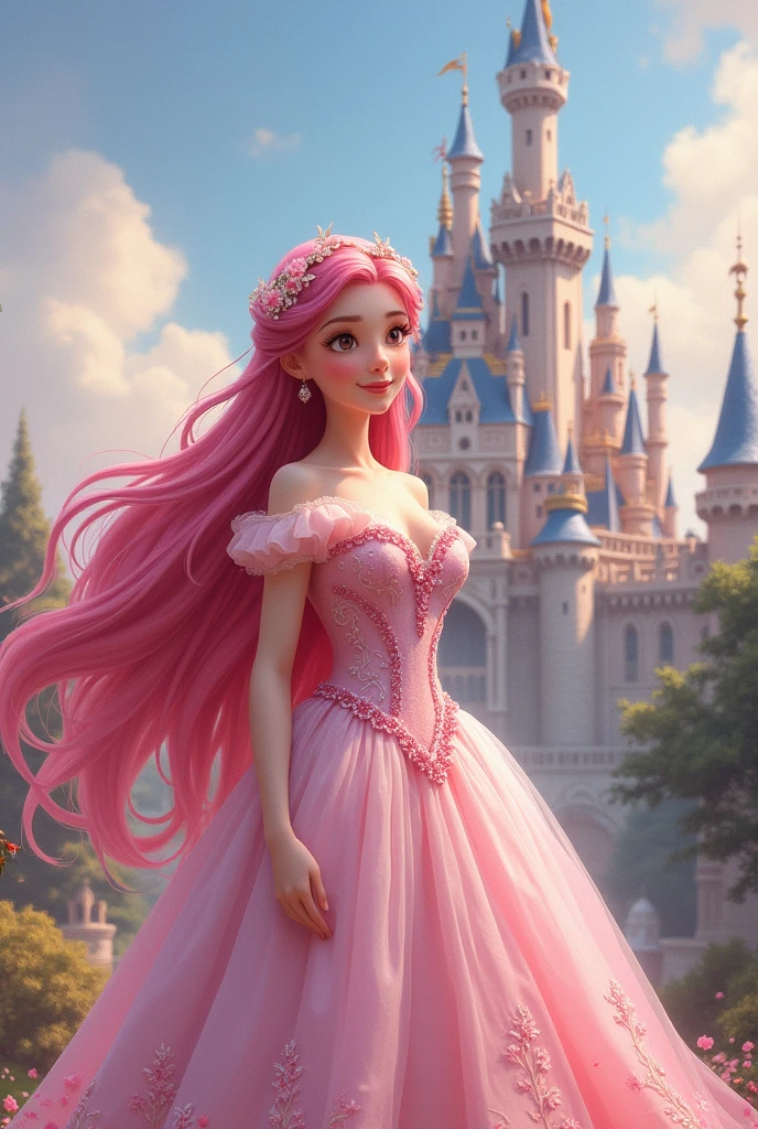 Book cover of a cute princess with long pink hair against a castle background