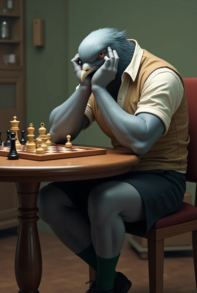 ((Highest quality)), ((masterpiece)), (detailed), A grey female pigeon wearing an off-white collared short-sleeved shirt, a light brown vest, a knee-length black skirt, dark green socks and black shoes,(Holding his head in both hands),Playing chess at the table,Muscular grey female pigeon,Photorealistic images。