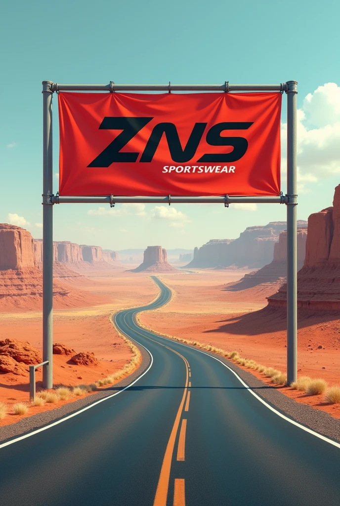 Road advertisement with a banner for ZNS sportswear company in the desert, the language contains triangles