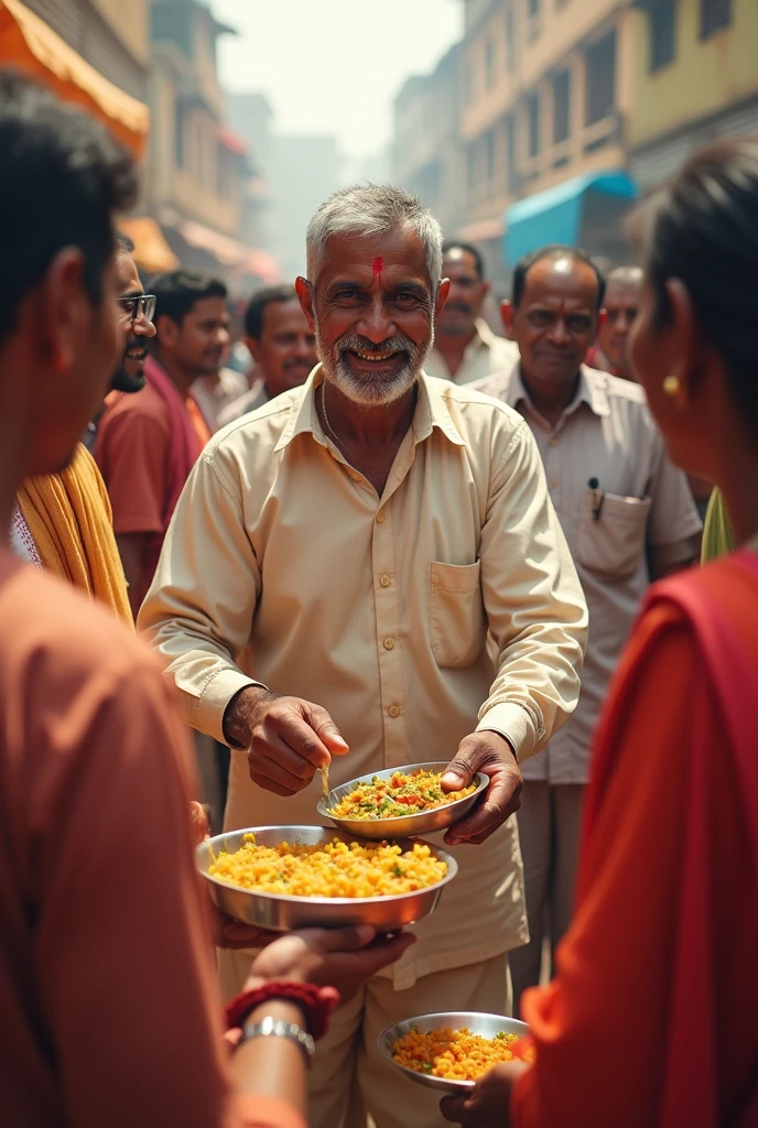A kind hearted educated common man distributing food to the people. Indian.