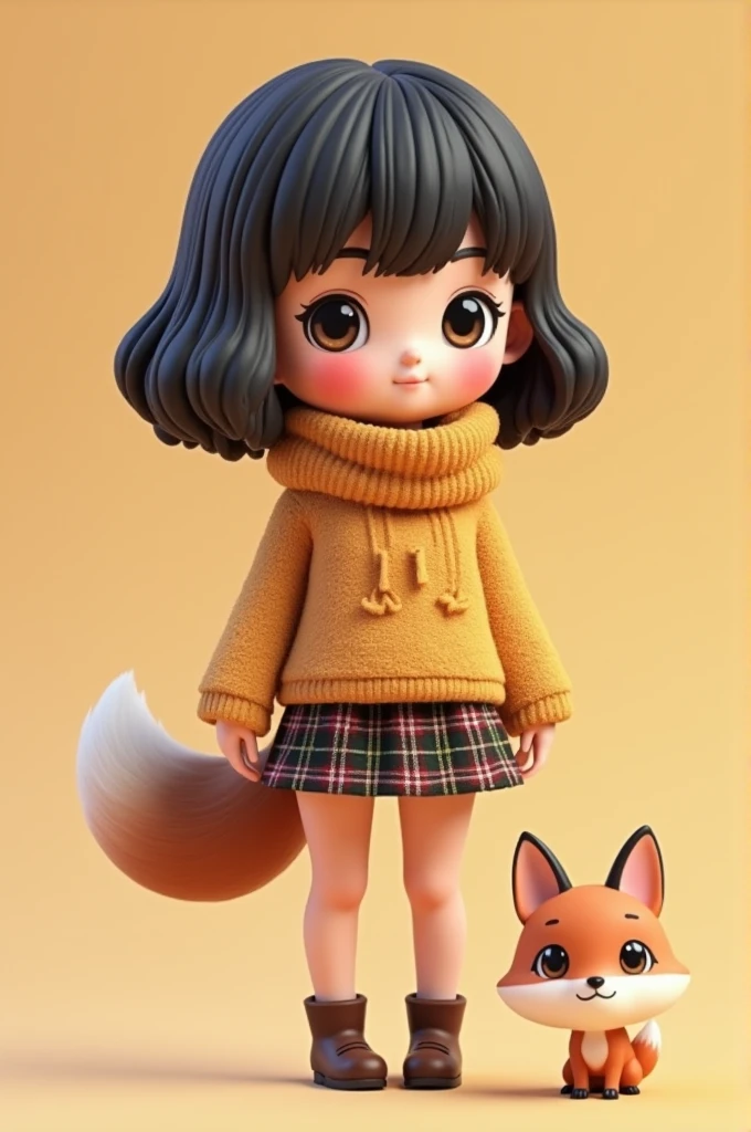 Cute with medium-length dark hair, wearing a short scottish skirt, sweater and a scarf, with near is her feet kitsune, 3D Rendering, solid color background, specific, chibi anime, surrealism, cartoon style, full-body shot, super detail, anatomically correct, masterpiece, precise