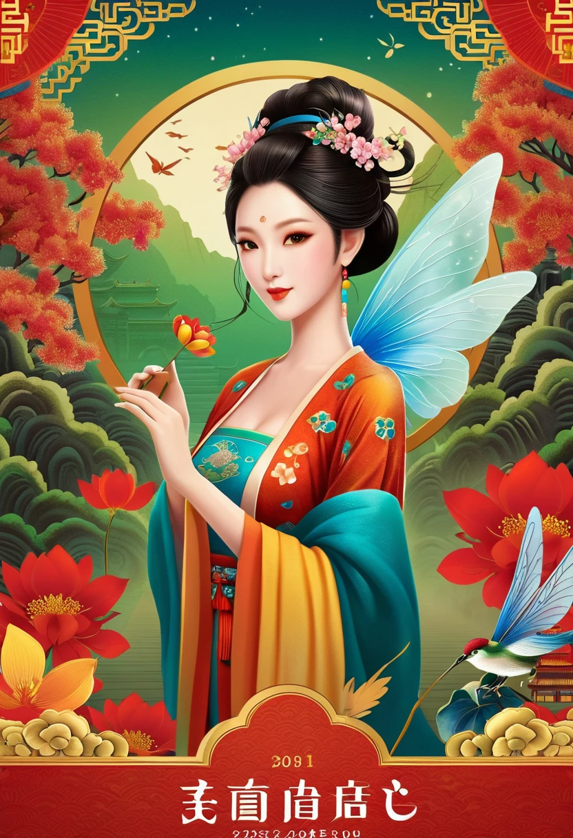 [Vision:1.0]，[Wide Angle:1.0]，(poster design:1.9)，Three-dimensional ancient style，Vibrant Chinese Aesthetics，Elegant ancient Chinese fairy，Chang&#39;e，Mooncake in hand，Moon Rabbit，Starry Sky，osmanthus tree，A woman in a gorgeous rainbow Hanfu dress stands on a cliff and looks up at the starry sky，Beautiful facial features，(whole body:1.4)，Vibrant colors，Sparkling clothing，Embraces Flashing Stone Texture，Crystal shoes，iridescent gradient fluorescent ribbons，Exquisite，Light Wave，Tradition，Exquisite，Perfect composition，Ultra HD，Crescent earrings，Raise your eyebrows，Jade Phoenix Branch，Forehead Gem，(Look directly at the audience:15)，((((Facing the audience))))，((((Phoenix crown and bridal robe))))，(((Ancient Chinese palace looming in the clouds in the distance)))，Space，Galaxy，Heavenly Goddess，Astral，dream，Beautiful celestial spirit，Beautiful fantasy paintings，Beautiful fantasy art，Ethereal fantasy，Very beautiful fantasy art，Digital Art Fantasy，Enchanting and otherworldly，Fantastical beauty，Octane uhd 8K渲染的精美艺术，Volumetric Light，Natural soft light，(Ultra-fine:1.2，Out of Focus:1.2，Bright colors，Movie Lighting，Chiaroscuro，Ray Tracing，Surrealism，uhd，masterpiece，precise，Anatomically correct，Textured Skin，Super Detail，8k)