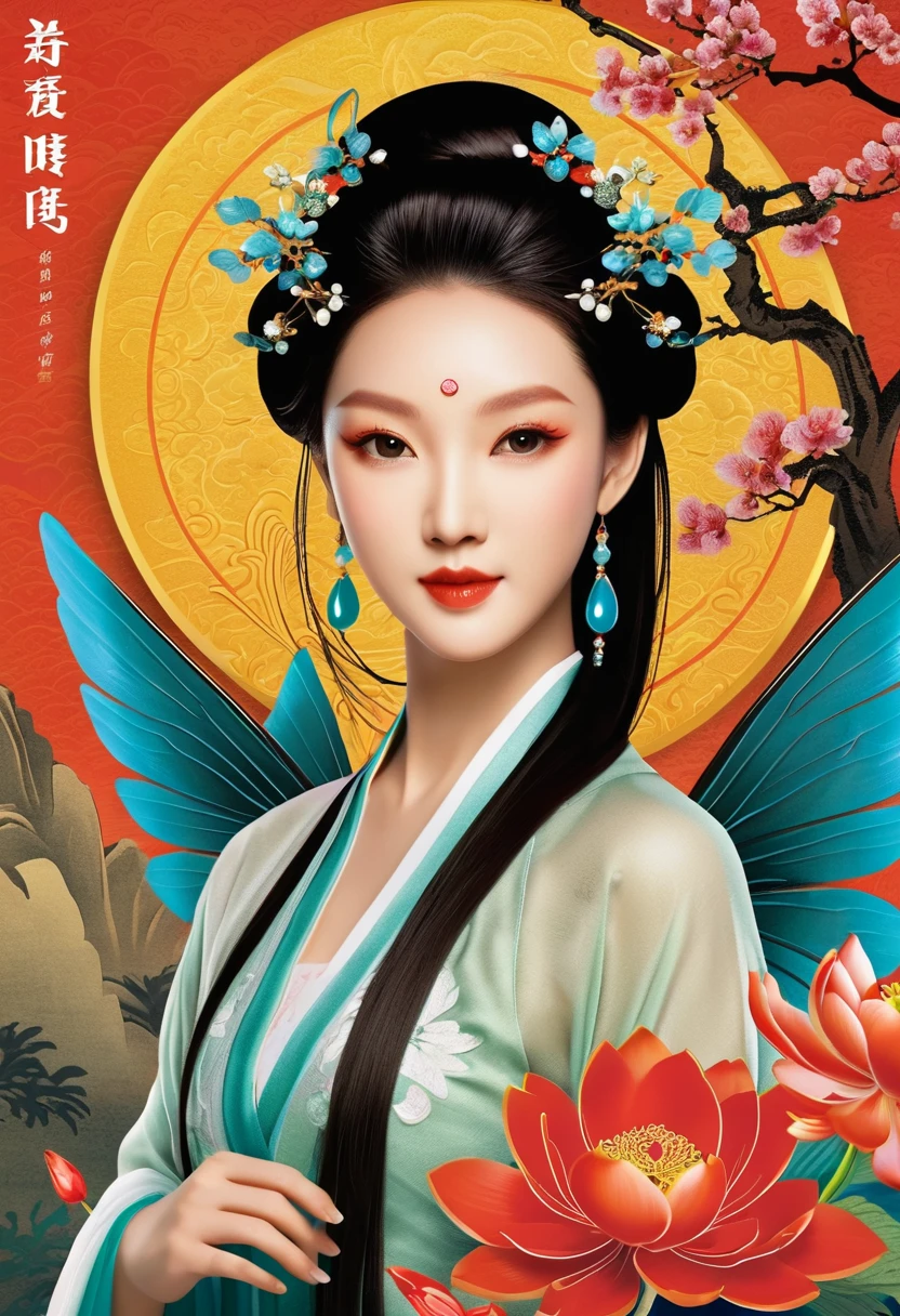 [Vision:1.0]，[Wide Angle:1.0]，(poster design:1.9)，Three-dimensional ancient style，Vibrant Chinese Aesthetics，Elegant ancient Chinese fairy，Chang&#39;e，Mooncake in hand，Moon Rabbit，Starry Sky，osmanthus tree，A woman in a gorgeous rainbow Hanfu dress stands on a cliff and looks up at the starry sky，Beautiful facial features，(whole body:1.4)，Vibrant colors，Sparkling clothing，Embraces Flashing Stone Texture，Crystal shoes，iridescent gradient fluorescent ribbons，Exquisite，Light Wave，Tradition，Exquisite，Perfect composition，Ultra HD，Crescent earrings，Raise your eyebrows，Jade Phoenix Branch，Forehead Gem，(Look directly at the audience:15)，((((Facing the audience))))，((((Phoenix crown and bridal robe))))，(((Ancient Chinese palace looming in the clouds in the distance)))，Space，Galaxy，Heavenly Goddess，Astral，dream，Beautiful celestial spirit，Beautiful fantasy paintings，Beautiful fantasy art，Ethereal fantasy，Very beautiful fantasy art，Digital Art Fantasy，Enchanting and otherworldly，Fantastical beauty，Octane uhd 8K渲染的精美艺术，Volumetric Light，Natural soft light，(Ultra-fine:1.2，Out of Focus:1.2，Bright colors，Movie Lighting，Chiaroscuro，Ray Tracing，Surrealism，uhd，masterpiece，precise，Anatomically correct，Textured Skin，Super Detail，8k)