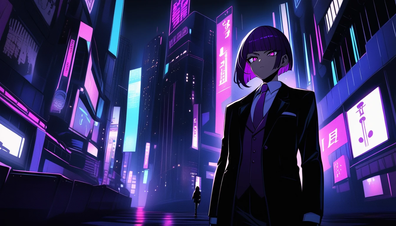 Yuki Tanaka, determined expression and business attire, neon-lit Tokyo street, anime neo-noir style like 'Death Note', dramatic shadows and city lights, dark blues and purples with neon accents