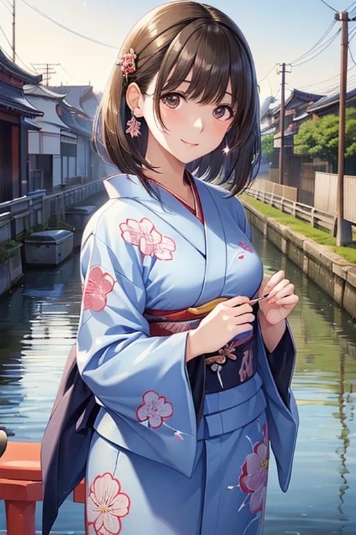 anegasaki nene、Shiny brown hair, short hair, (Beautiful brown eyes、Sparkling eyes, Fine grain)、smile、Ultra-detailed eyes、Very detailed顔, Very detailed目,Cowboy Shot、
((Highest quality)),(Ultra-high resolution),(Very detailed),(Detailed Description),((The best CG)),(masterpiece),Very detailedアート,(Art with precise detail:1.5), (Japanese painting:1.5), (A woman in a kimono standing on a bridge:1.5),(Japanese clothes in calm colors:1.4), A fresh breeze blows through:1.5