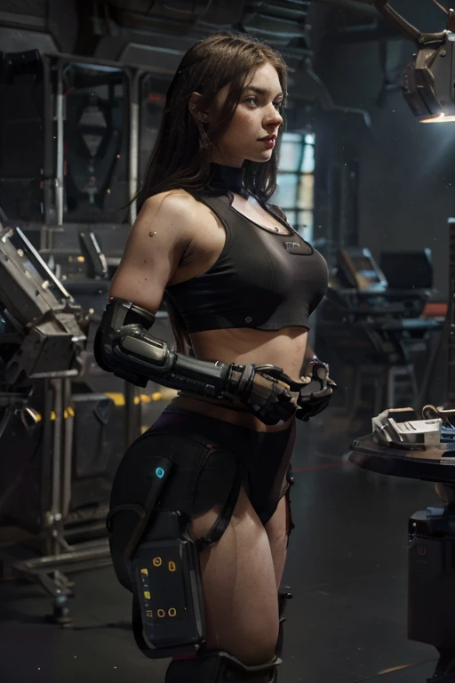 detailed humanoid chubby woman, android, pale human face, delicate features, short dark brown hair, human torso wearing tank top, spandex shorts, robotic legs and arms, space prison with view of Earth, best quality, 4k, 8k, highres, masterpiece:1.2, ultra-detailed, realistic, photorealistic, photo-realistic:1.37, HDR, UHD, studio lighting, ultra-fine painting, sharp focus, physically-based rendering, extreme detail description, professional, vivid colors, bokeh, sci-fi, concept art