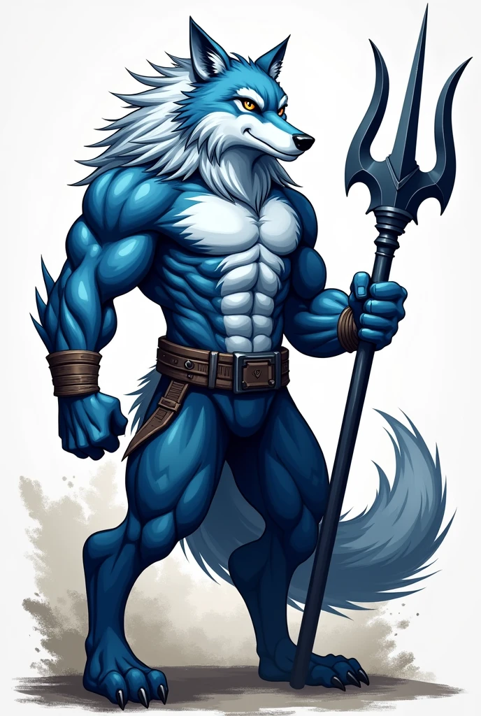 A DRAWING OF A MUSCULOUS WOLF HOLDING A PSYCHOLOGY TRIDENT, in blue colors, white and grey, WITH AN IMPOSING PORTURE AND A FIERCE LOOK