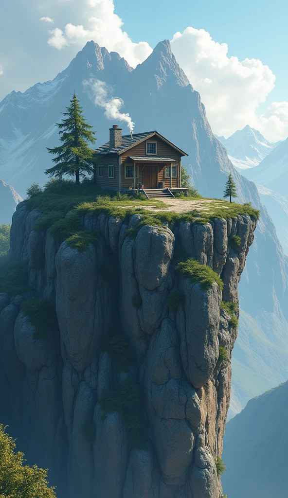 There is a flat mountain and a house on top of it.