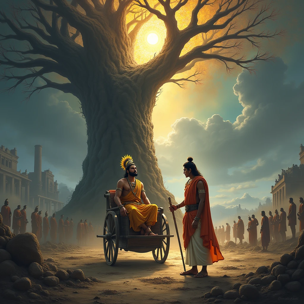 Depict Arjuna in his chariot, his face etched with deep concern and sorrow as he contemplates the devastation of family traditions. Arjuna, dressed in warrior attire, holds his bow loosely, symbolizing his internal conflict. Behind him, a large, ancient family tree begins to crumble and disintegrate, its roots turning black to signify the loss of eternal values. Dark, shadowy figures emerge from the darkness surrounding the tree, representing the creeping influence of unrighteousness. In contrast, depict Krishna standing beside Arjuna, separate and distinct, his expression calm yet serious. Krishna, in divine form with a radiant halo, extends a reassuring hand toward Arjuna, symbolizing guidance and divine wisdom. Above, the sky is dramatically split—one side bright with rays of light, representing dharma, and the other darkened by the shadows of adharma. The landscape around them shows a mix of desolate ruins and fading symbols of family values, heightening the sense of impending moral decay that Arjuna fears.