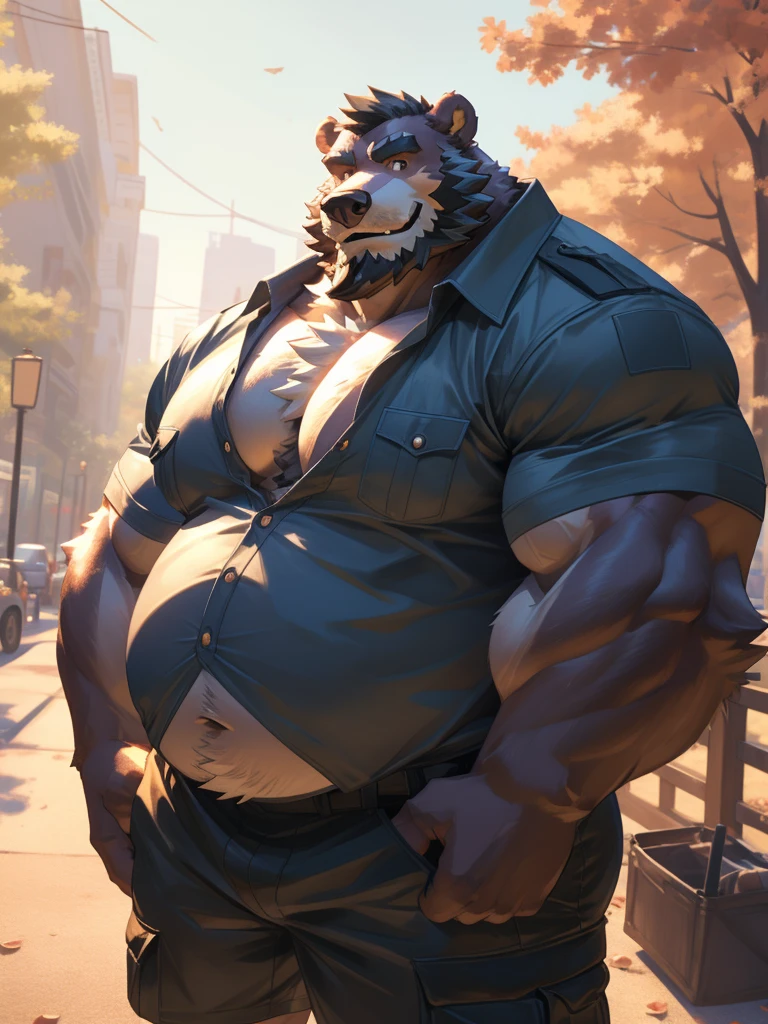 1boy, 1man, solo, a potrait (furry grizzly bear ), (face:1.3, detailed face, bearded, beard, thick mustache), chubby, fat belly, huge belly, Park, extremely huge muscular, massive muscular , (shirts and cargo shorts), well-muscled old man. ((extremely muscle size, super thick arms, huge pec, hyper pec, bigger chest, extremely wide pectoral , huge arms)), wide smiling. Add textures and details to make the image more realistic, such as the appearance of the. Make sure the resulting image is high resolution, 8K quality