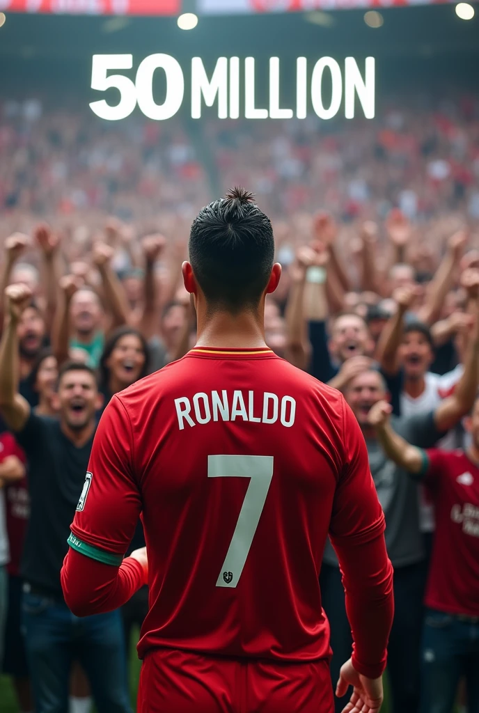 Ronaldo celebrate 50milion youtube subscribers..

There a banner show 50M subscribers done..

& So many people are crying in background.. messi also crying 

Ronaldo turn back side jersey number 7 and YouTube logo in jersey ..