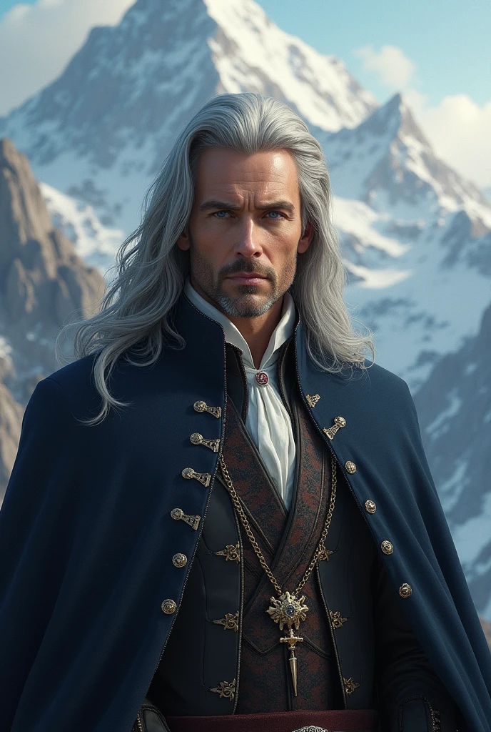 Beautiful man, Long silver hair, Eagle Nose, earl, Blue eyes, In the background of the mountain.
