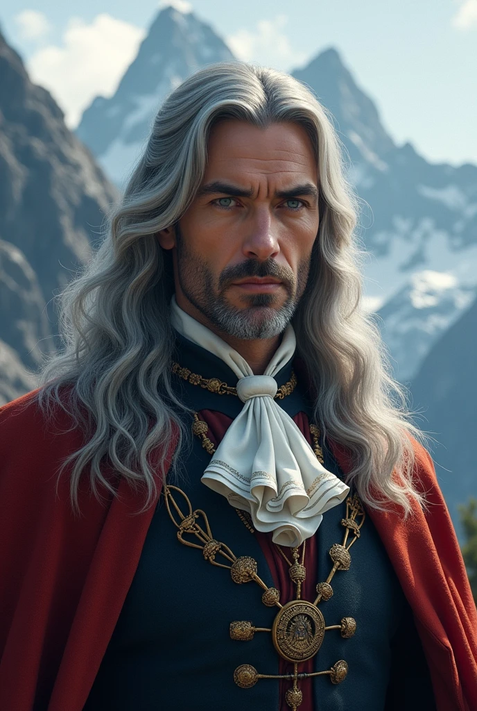 Beautiful man, Long silver hair, Eagle Nose, earl, Blue eyes, In the background of the mountain.