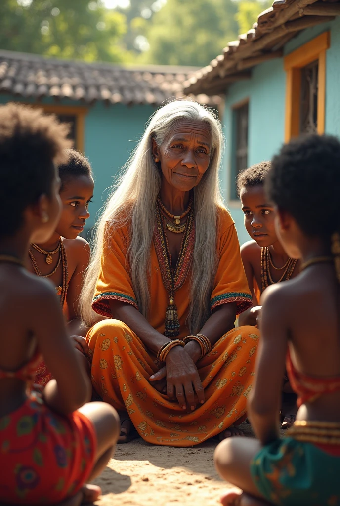 Des enfants assis au pied d'une vieille dame, aux cheveux blancs très long, habits traditionnels folkloriques, des colliers, des bracelets en bois. Dans un petit village haiti, Écoutant des comptines. Les enfants afro haitien sont émerveillés dans une cour de province en Haïti.
