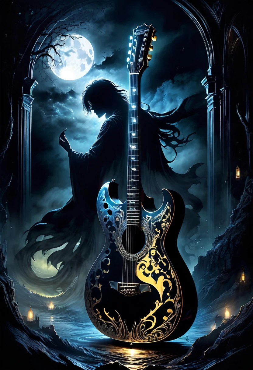 Midjourney, MJ, Midjourney style, poster, manga, anime, 
A mesmerizing dark fantasy illustration captures the essence of a hauntingly beautiful guitar, its silhouette starkly highlighted against an inky black background. The edge of the guitar is bathed in a chilling supernatural light, emanating from an enigmatic, otherworldly source. This eerie illumination creates a haunting ambiance, with the contrast between light and dark areas amplifying the captivating atmosphere. The ethereal glow and mysterious aura of the scene transport the viewer into a realm of fantasy and wonder, making this captivating illustration a true masterpiece of dark fantasy art. The intricate details and enchanting ambiance are sure to leave a lasting impression on all who behold it., dark fantasy 