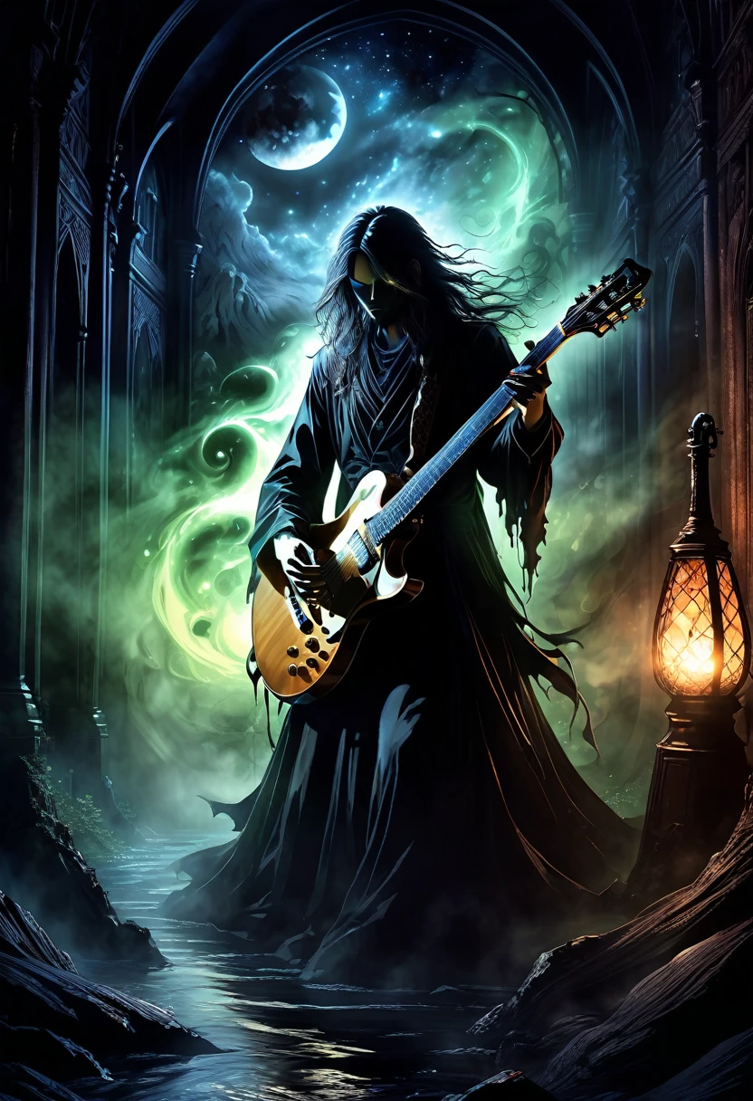 Midjourney, MJ, Midjourney style, poster, manga, anime, 
A mesmerizing dark fantasy illustration captures the essence of a hauntingly beautiful guitar, its silhouette starkly highlighted against an inky black background. The edge of the guitar is bathed in a chilling supernatural light, emanating from an enigmatic, otherworldly source. This eerie illumination creates a haunting ambiance, with the contrast between light and dark areas amplifying the captivating atmosphere. The ethereal glow and mysterious aura of the scene transport the viewer into a realm of fantasy and wonder, making this captivating illustration a true masterpiece of dark fantasy art. The intricate details and enchanting ambiance are sure to leave a lasting impression on all who behold it., dark fantasy 