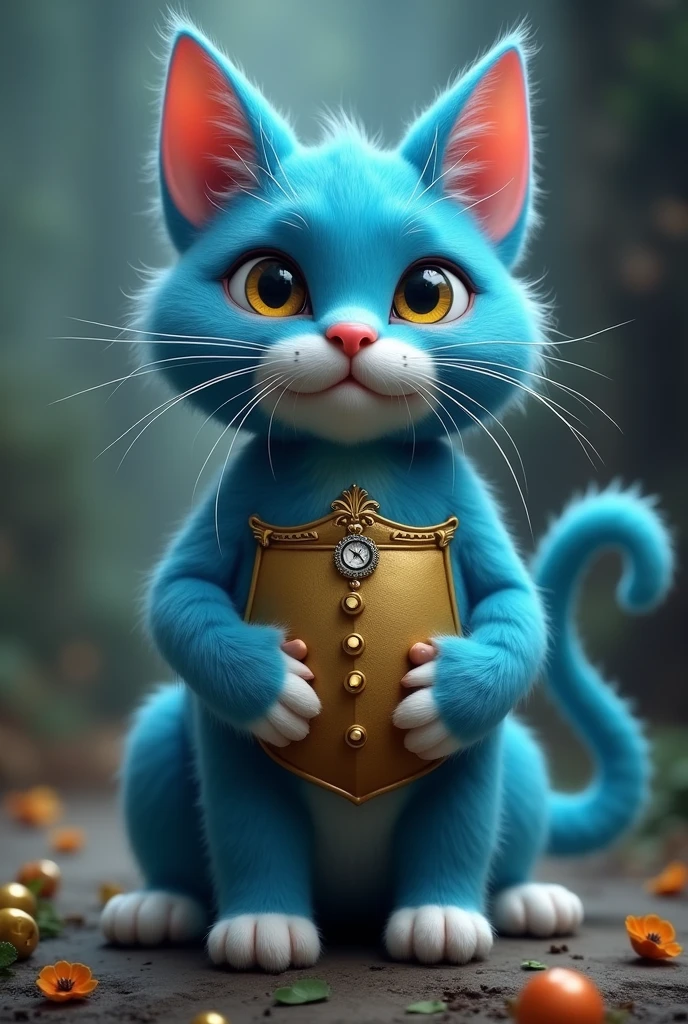 A blue cat with no ears, a red nose, long whiskers, white bells on its hands, white feet, and a gold front pocket.