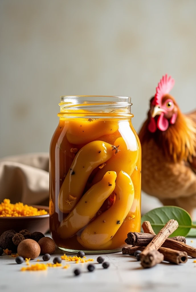 Creat an image of chicken pickle in a glass jar for a unique YouTube thumbnail with hen and spices arranged near it