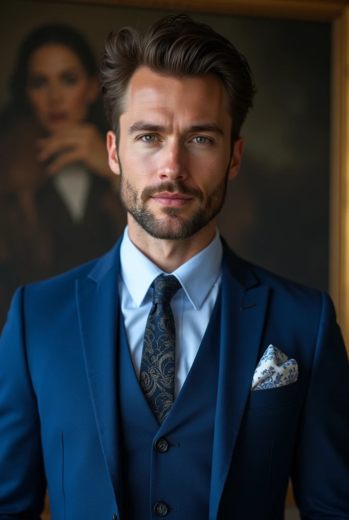 8k best quality ultra resolution (photorealistic 1.4) RAW photo authentic skin texture (1.3),film grain (1.3) handsome man dressed in blue suit