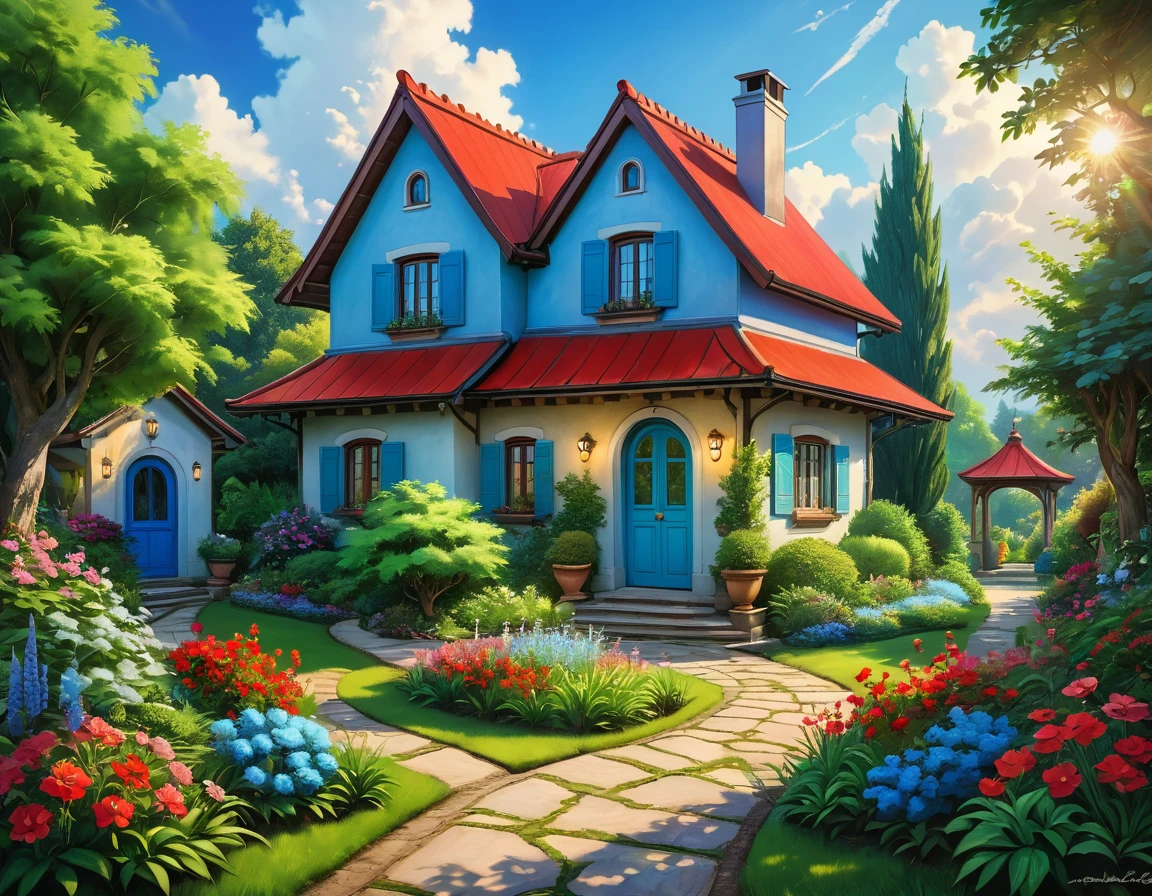 This image is a painting of a charming house with a red roof and a blue door, set against a serene background. The house is surrounded by a beautiful garden with various flowers, and a pathway leads up to the entrance. Two lamps are placed on either side of the pathway, adding a cozy touch to the scene. In the distance, a tree stands tall, reaching towards the sky filled with fluffy clouds. The colors in the painting are predominantly shades of blue and green, creating a peaceful and inviting atmosphere. The overall composition evokes a sense of tranquility and warmth. vibrant colors,lighted ambience, biophilic aesthetic, sharp focus,incredible ultra-realism,hyper maximalism,photorealistic,smooth highly detailed,high saturation and contrast,unreal engine,HDR,32 k,final render,masterpiece