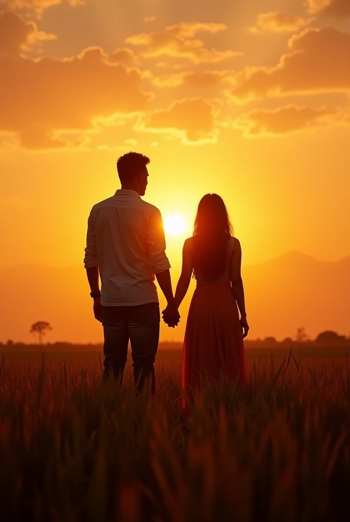 Filipina and Filipino-american
Couple enjoying their moment in an open rice field in a sunset the couple far from the camera just holding hands and the man taller and the girl is wearing skirt they are facing the sunset and they are far from the camera